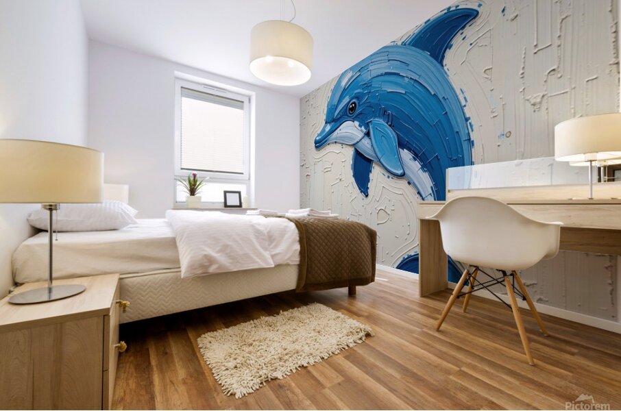 A striking minimalist impasto painting of a cute dolphin. Mural print