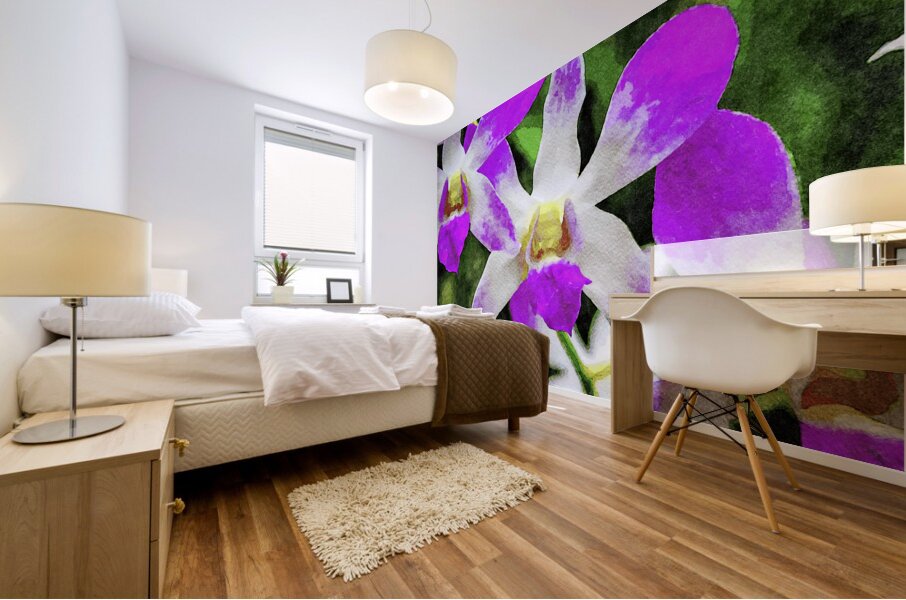 Vibrant watercolor painting of violet orchid blossoms Mural print