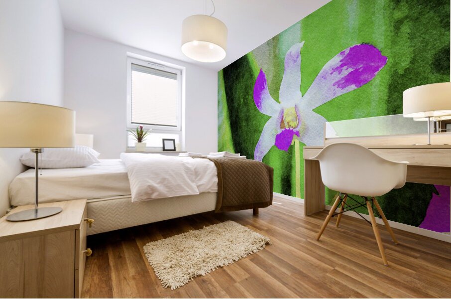 Vibrant watercolor of a purple orchid against a lush green backdrop Mural print