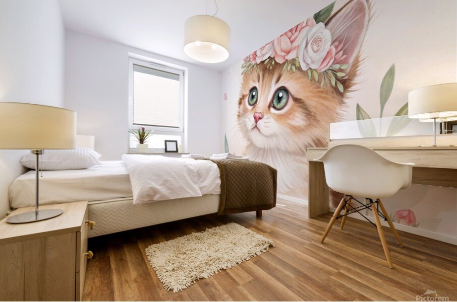 Watercolor Kitten with Floral Crown – Soft & Dreamy Nursery Art Print Mural print