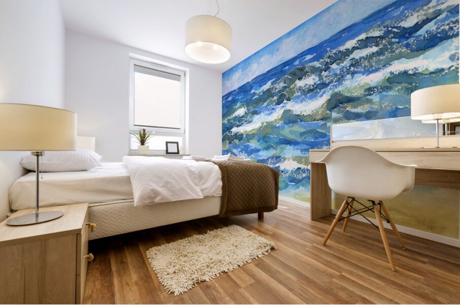 Blue ocean waves watercolor painting Mural print