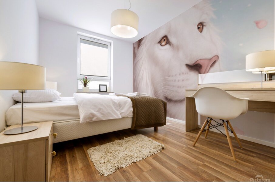 Majestic White Lion in Cherry Blossom Dream 1 Mural print