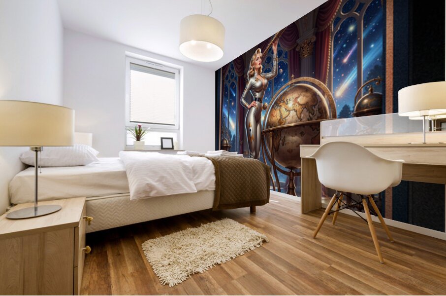 Ravina Orsini Observes Cosmic Wonders Through An Advance Brass Telescope – Limited Edition Art Print AI Concept Art by Xzendor7 Mural print