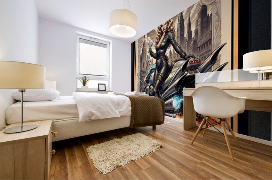 Tsylara Mimor And Her Jithera Cycle Amidst The Sprawling Rovathia Cityscape Gorgeous AI Concept Art by Xzendor7 Mural print