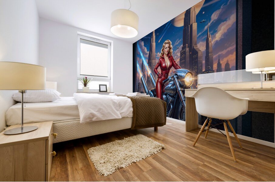 Urra Tyrlan Riding Her Deblenus Cr93721 Power Bike Portrait Gorgeous AI Concept Art by Xzendor7 Mural print