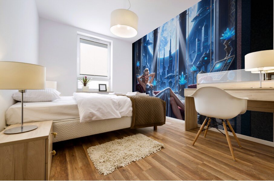 Sylva Braunen Reclining On Chaise Amidst Cosmic Cityscape Striking AI Concept Art by Xzendor7 Mural print