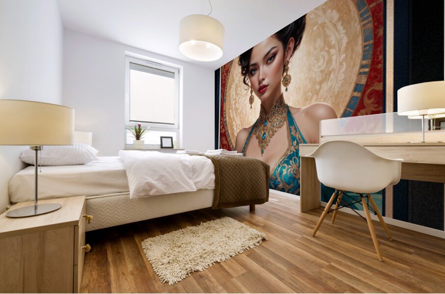 Portrait Of Liriel Voltan In A Regal Teal Satin Dress Gorgeous AI Concept Art by Xzendor7 Mural print