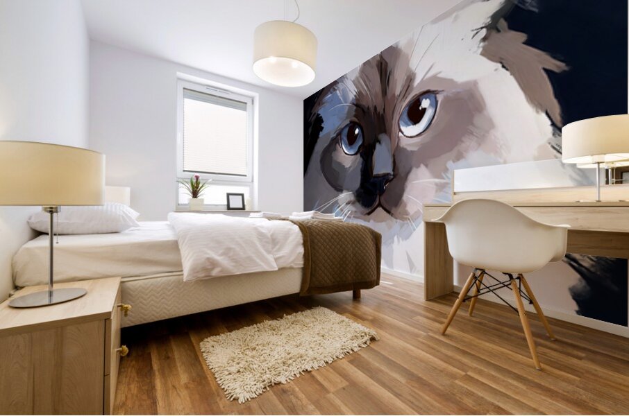 Blue-Eyed Ragdoll Cat Portrait Digital Painting Mural print