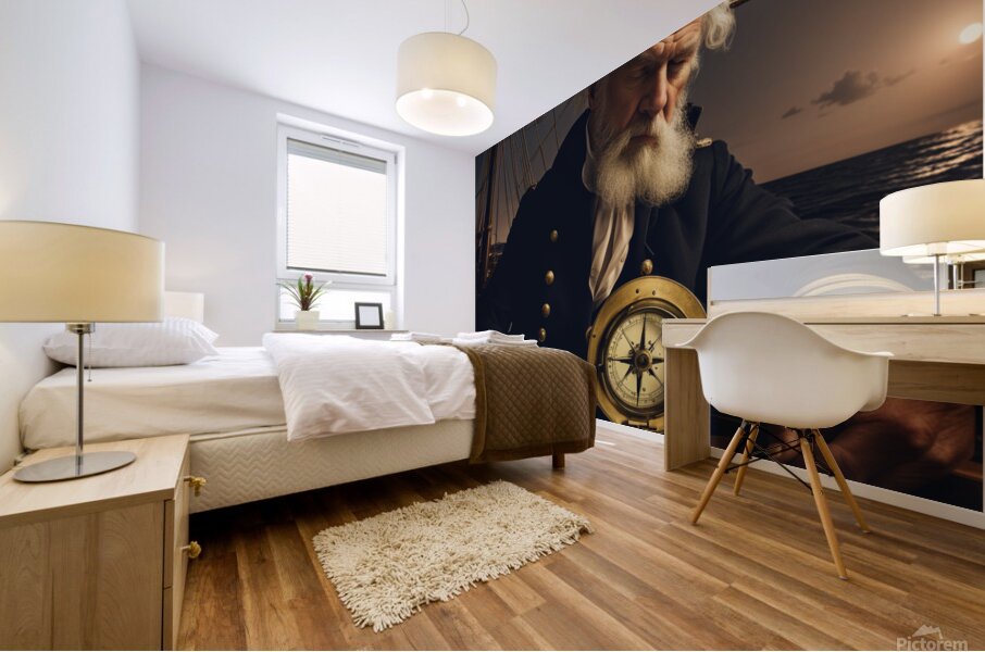 Old sailing ship captain looking at his old brass compass night time with ruff ocean behind him Mural print