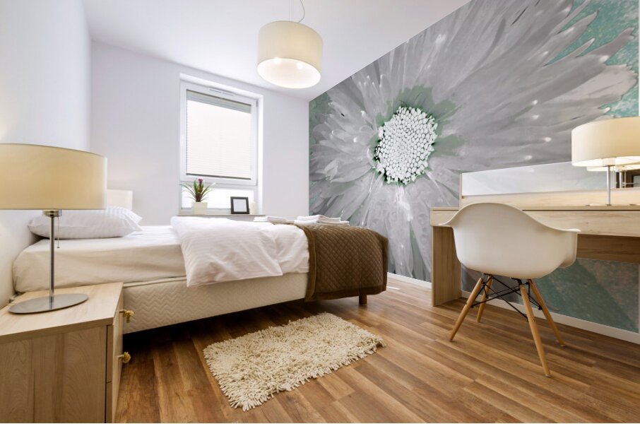 Paler Silver Turquoise Daisy on a Green Abstract Background Mural print