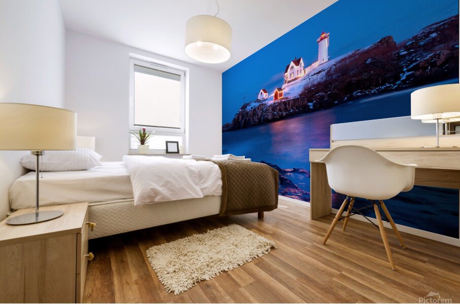 Lighted Cape Neddick Nubble Lighthouse During the Holidays in Maine Mural print