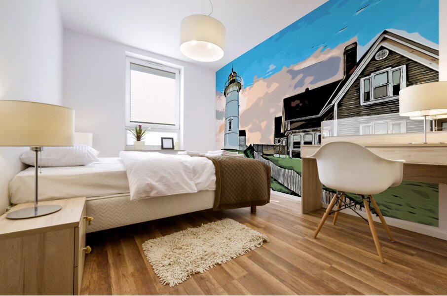 Sun Setting Behind Nobska Lighthouse on Cape Cod in Massachusetts - Illus. Mural print