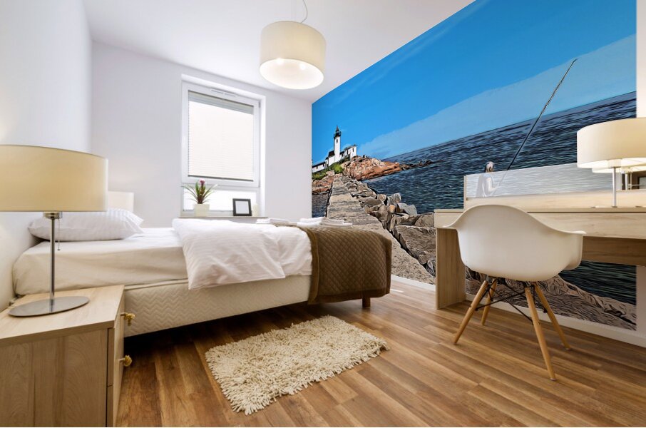 Fishing Near Eastern Point Light in Gloucester Massachusetts -Illus. Mural print