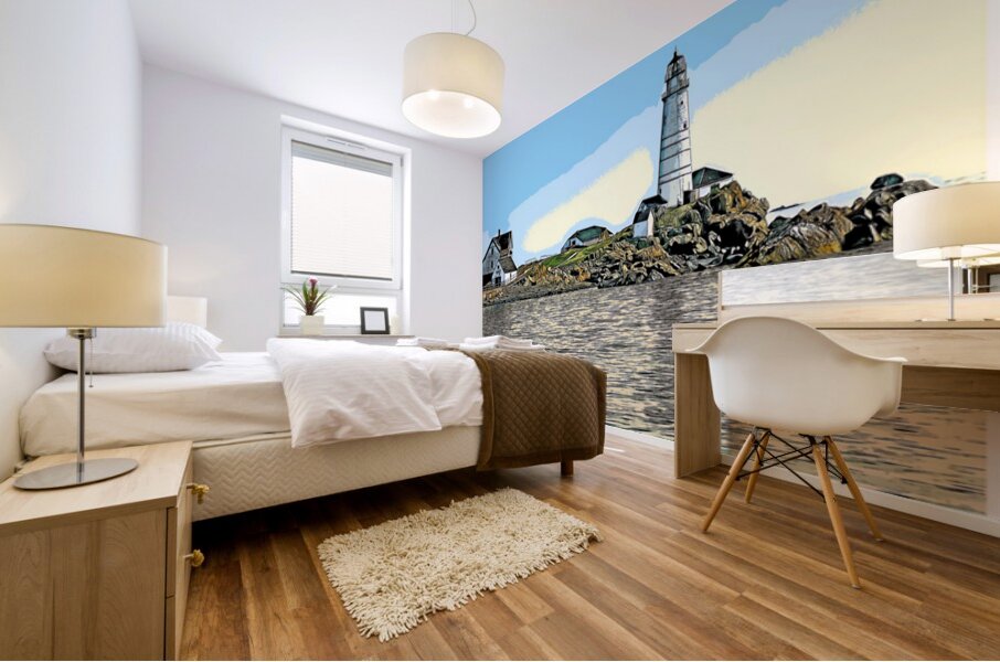 Boston Harbor Lighthouse on Island in Massachusetts - Illus. Mural print