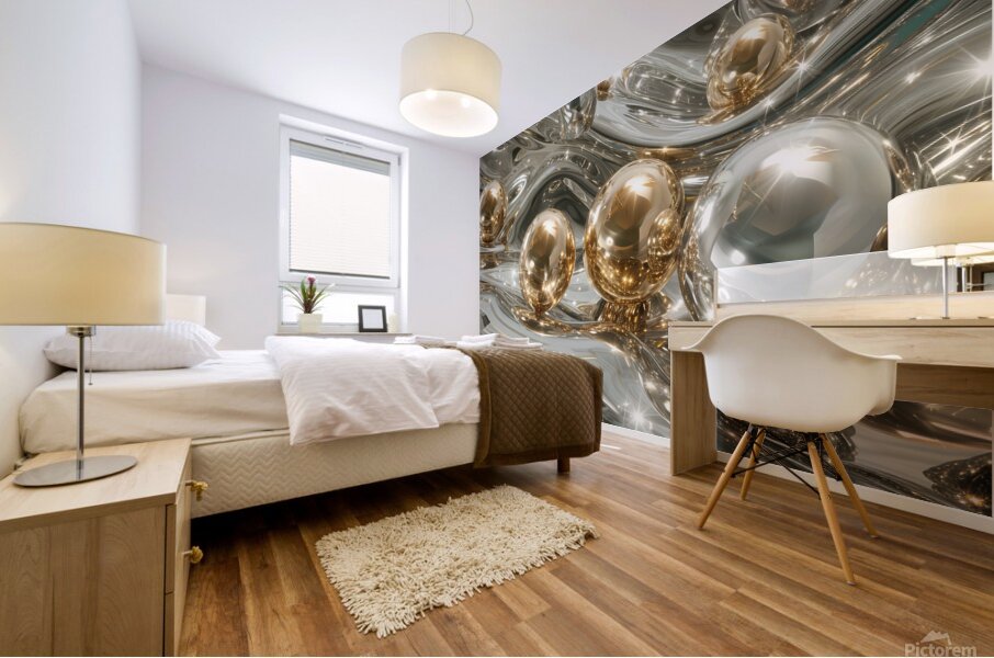 Gold and silver spheres on the smooth metallic waves Mural print