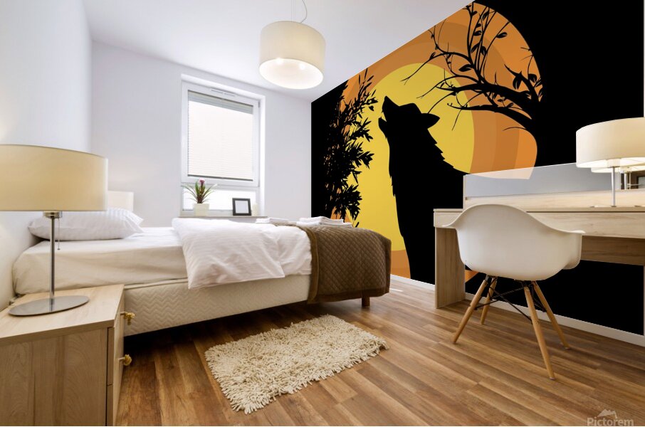 wolf moon wild grass animal birds Mural print