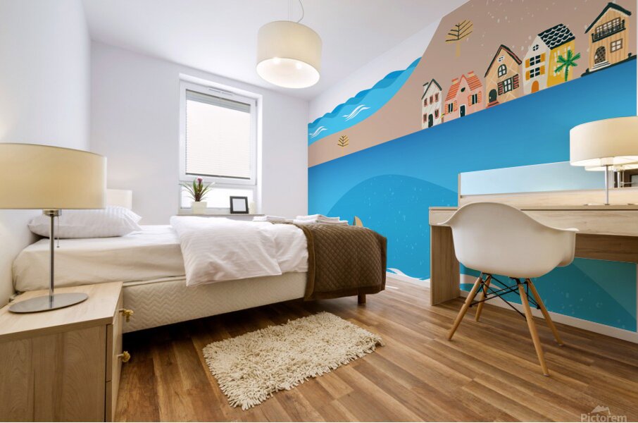 coast beach sea water mountains Mural print