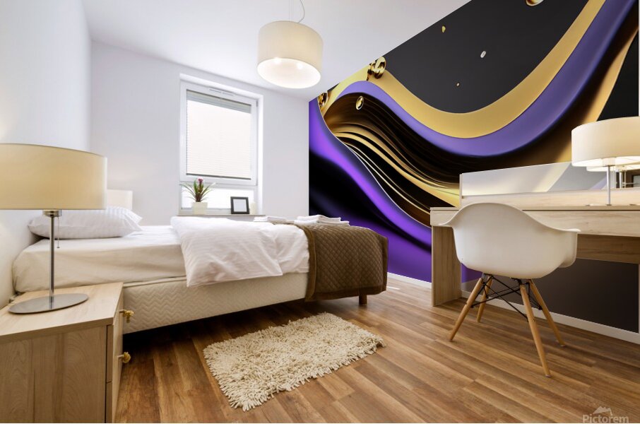 Purple Black & Gold Waves Mural print