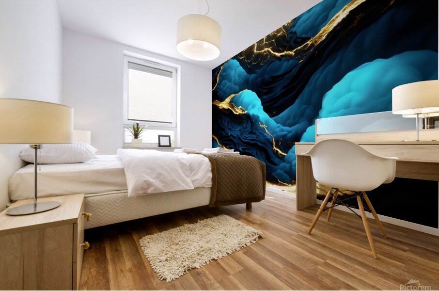 Blue Black & Gold Waves & Clouds Mural print