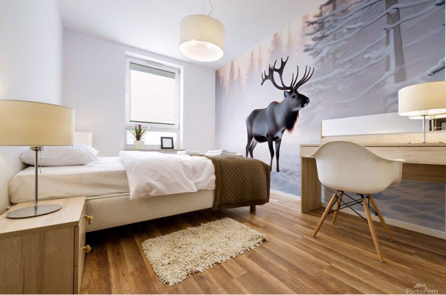 A reindeer searches for grass sprouts in the snow Mural print