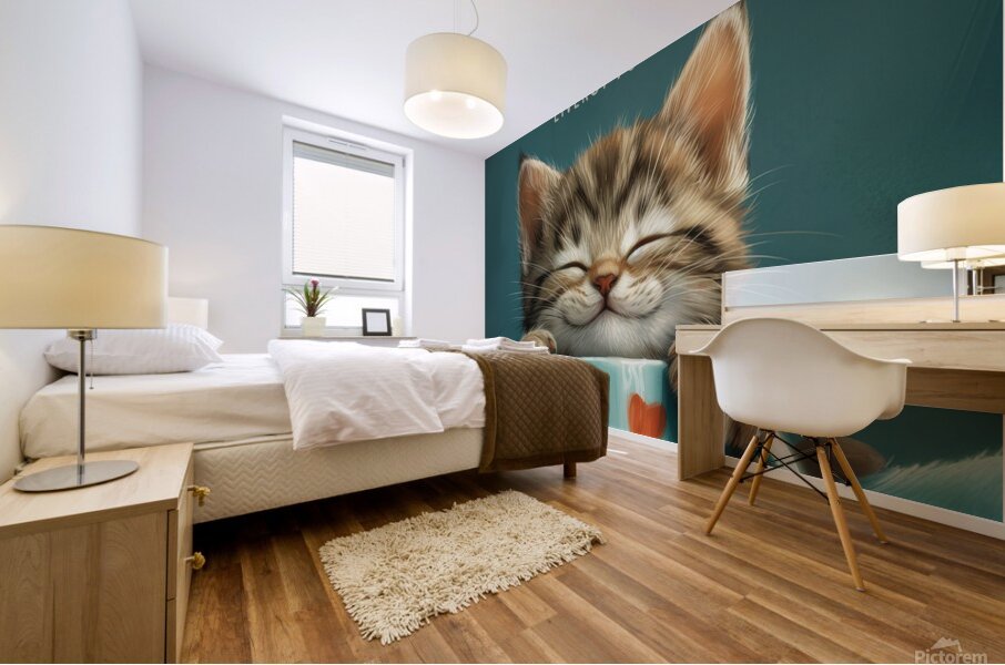 Cute Grey Tabby Cat with a Coffee Cup Mural print