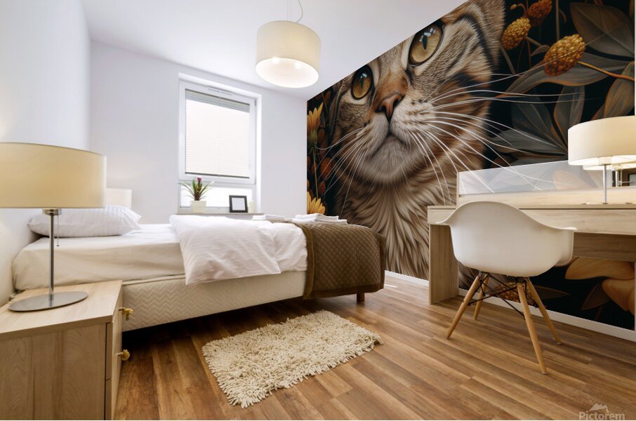 Tabby Cat in a Flowers Garden Mural print
