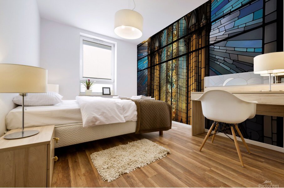 stained glass window artistic light scene castle. Mural print