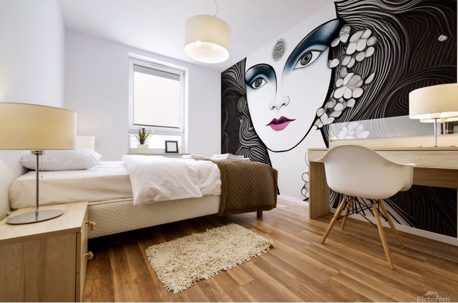 woman face art nouveau line art drawing vintage r Mural print