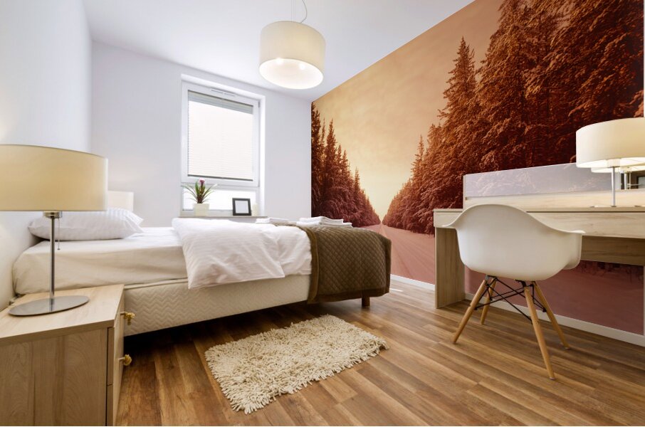 Winter Road Through Pine Forest Mural print