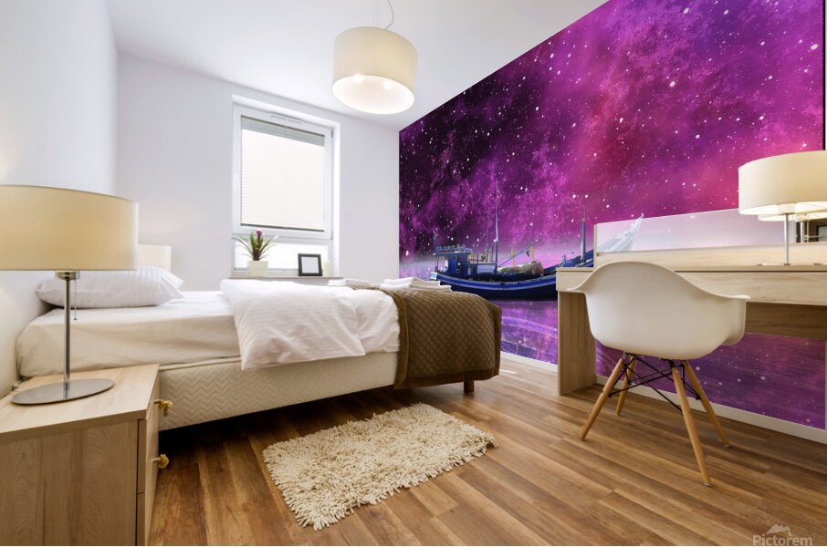 boat fisherman ship sea ocean milky way night nat Mural print