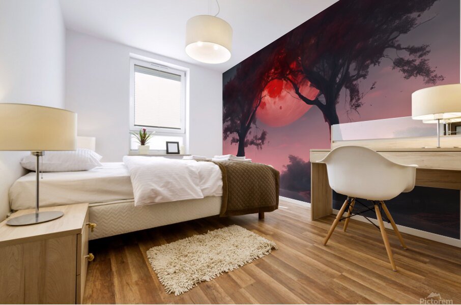 The red moon at twilight under large trees on a river of water Mural print