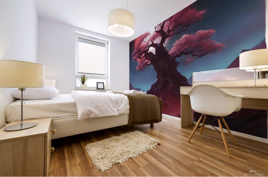 the ethereal beauty of a mystical landscape under the red moonlight Mural print