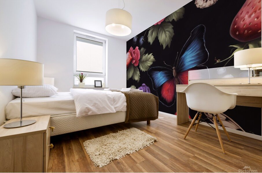  Cottage core vibrant florals with a butterfly on black  Mural print