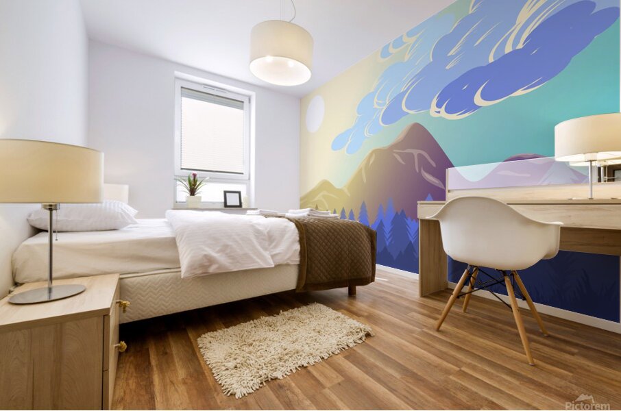 mountains forest landscape sky clouds sun sunligh Mural print