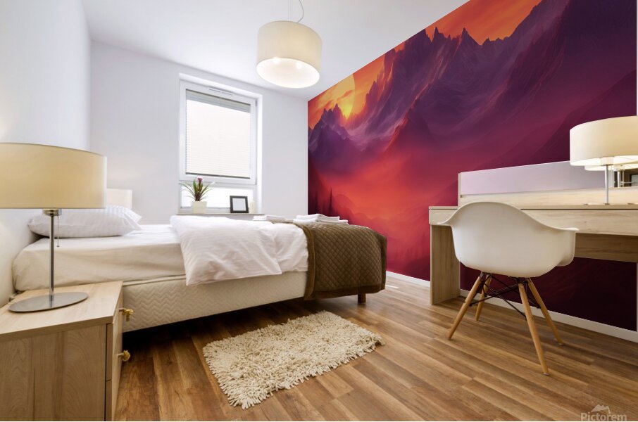  the sun setting over towering mountain peaks Mural print