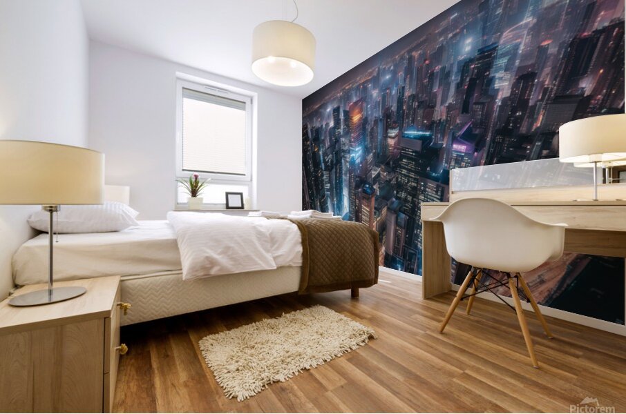 A bustling city skyline at night neon lig Mural print