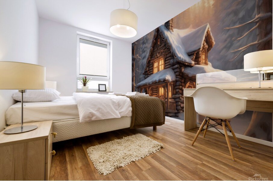 A cozy cabin nestled in a snowy forest sm Mural print