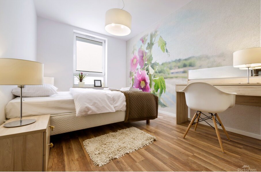 hollyhock with saltminning in watercolor Mural print