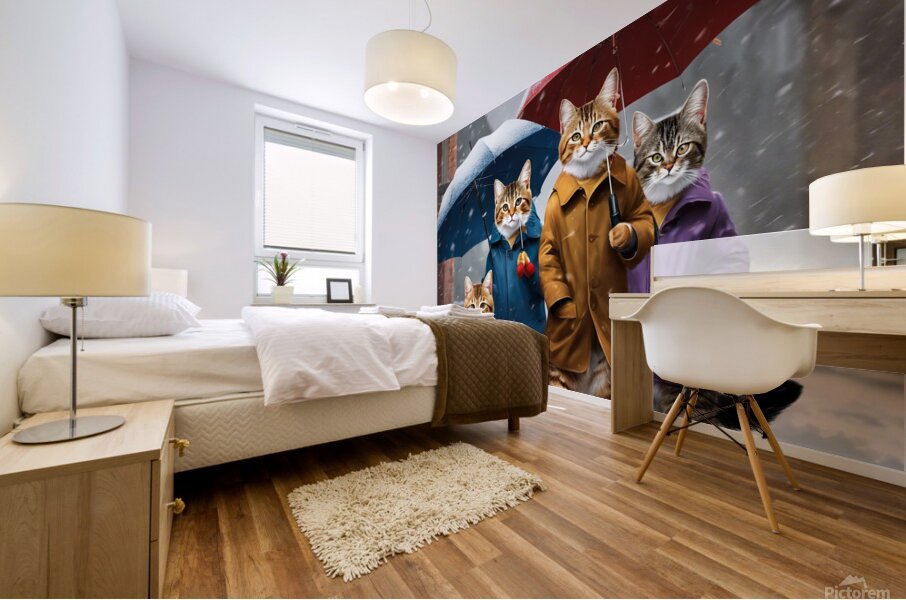 Cats with umbrellas on snowy day wall art Mural print