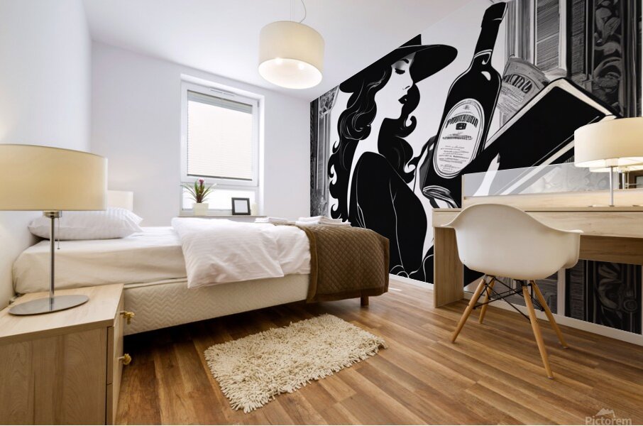 Vintage styled illustration of a woman with bottle wall art Mural print