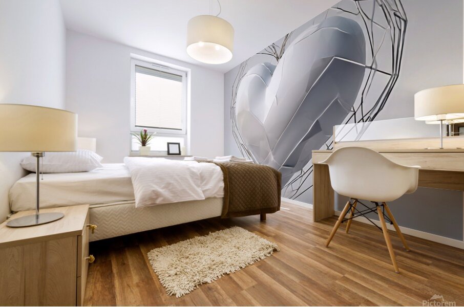  A three dimensional white geometric heart is flo Mural print