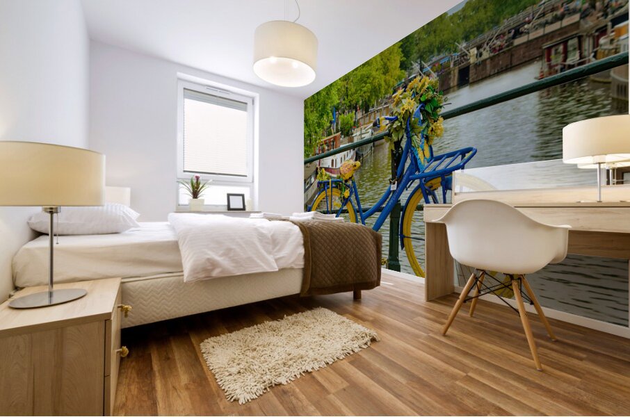 Bike Along Canal Bridge in Amsterdam Mural print