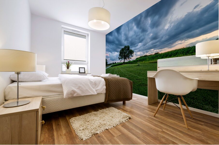 Country Road And Oak Tree Sunset Mural print