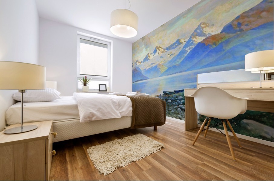 Large Rusian lake with mountains in the back Mural print