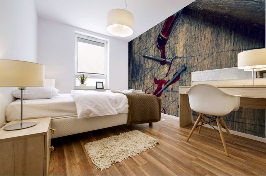 hammer and bloody nails on a wooden Mural print