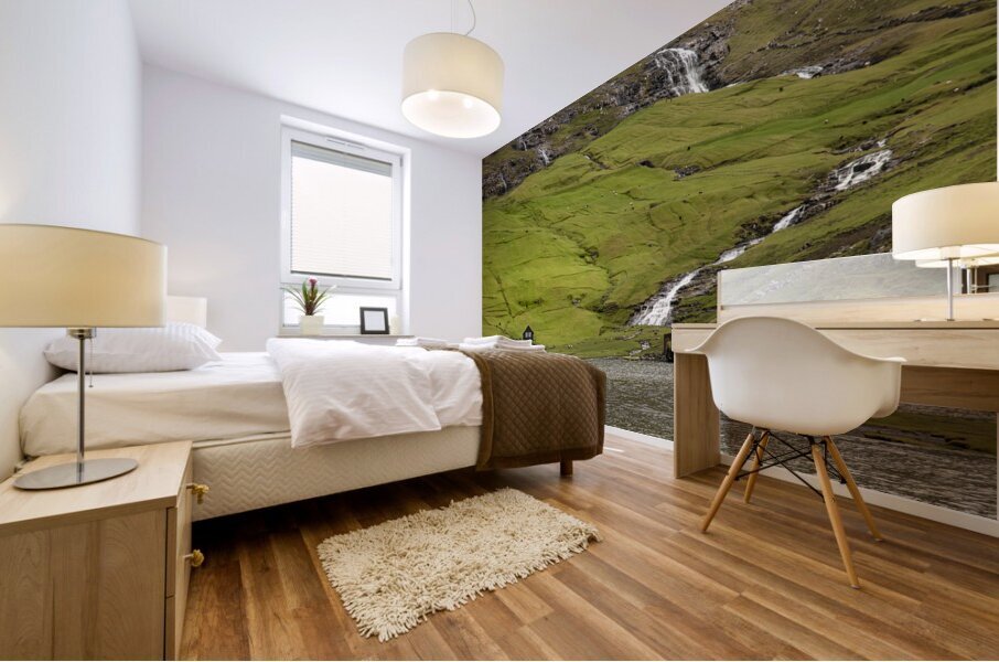lonely house and waterfalls in saksun area on faroe  Mural print