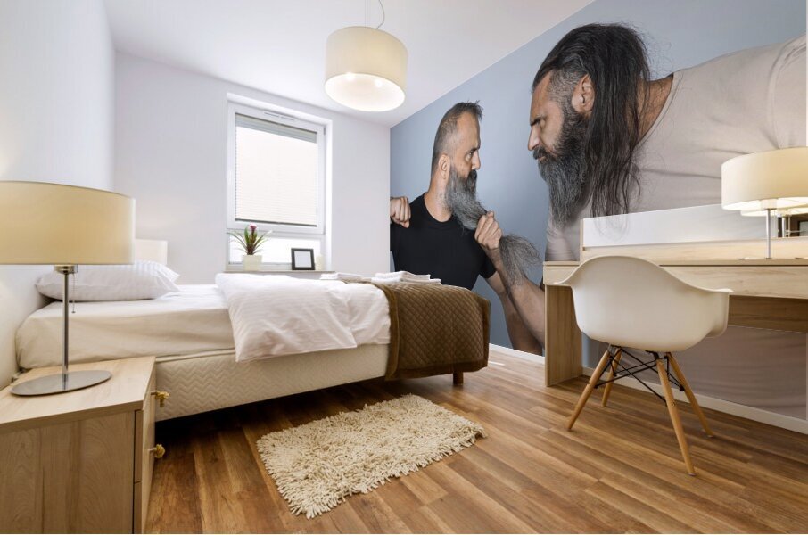 men with long beard in aggressive attitude.  Mural print