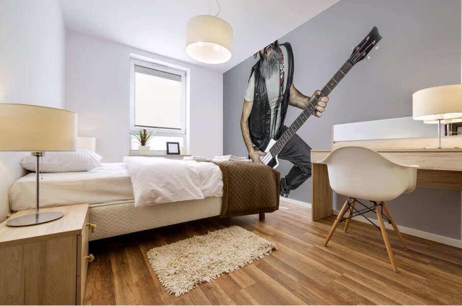 electric bass player jumps Mural print