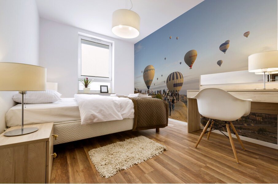 hot air balloon flies low over the city of goreme  Mural print