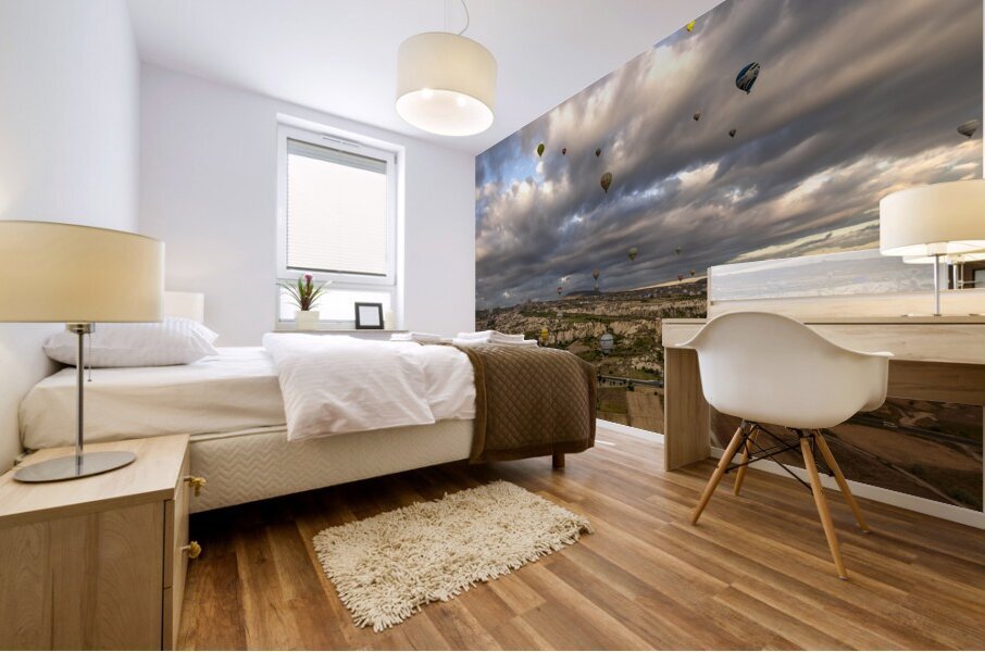 colorful hot air balloons fly at sunrise near goreme Mural print